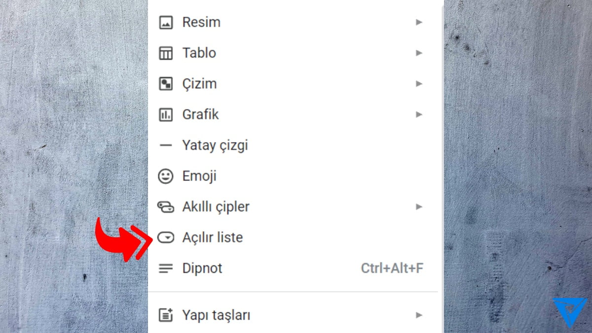 Google Docs Acilir Menu Ekleme Adim 2